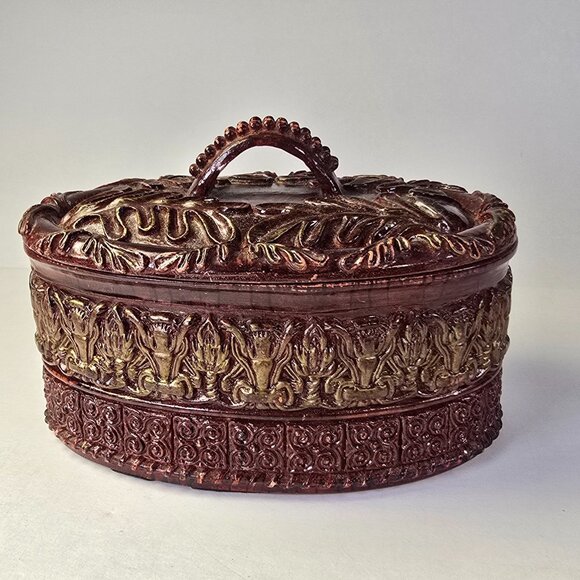 Vintage Ornate Resin Trinket Box w Lid Burgundy Baroque Style Oval Jewelry Box - Picture 4 of 16